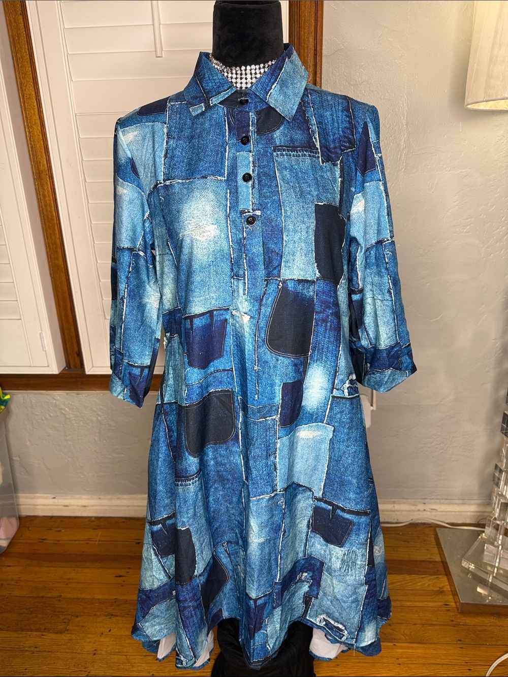 Blue Patchwork Print Shirt Dress - Women's